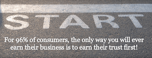 Photo of a starting line and a reminder that for 96% of consumers, the only way you will earn their business is earn their trust first.