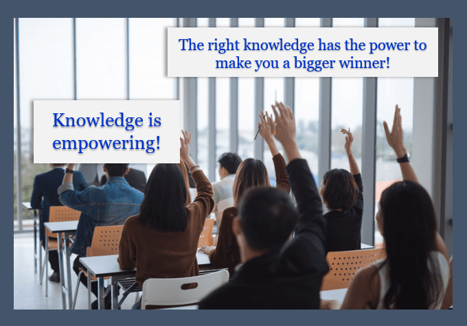 Picture of a group of employees in training raising their hands. Verbiage in photo reminds us that knowledge is empowering.