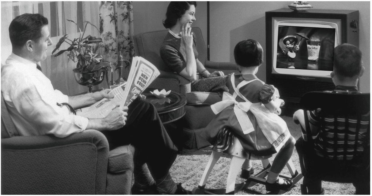 Old black and white photo from the sixties.  Shows a TV set from the same time period with a scene from the original Alka Seltzer commercial.