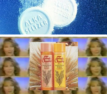 Divided photo.  Top shows a picture of Alka Seltzer fizzing in water from its 1976 TV commercial.  The bottom shows a snippet from the commercial for Faberge Organic Shampoo from 1982.