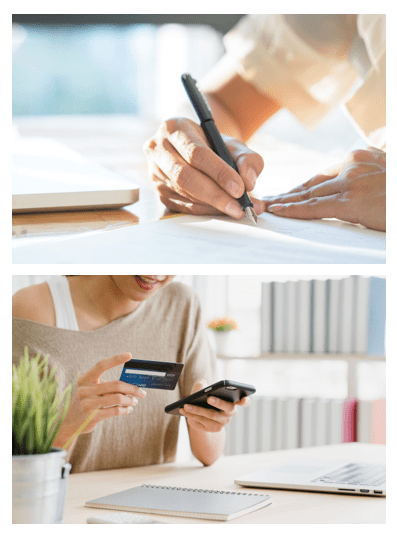 Picture of woman signing a contract and underneath is a picture of a credit card being handed to someone