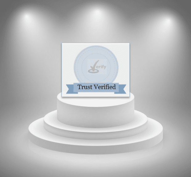 Big photograph of the Trust Verified trophy sitting on top of a pretty white pedestal