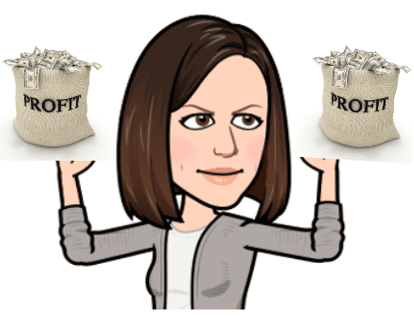 Caricature of Diana Herzan holding up two bags of "profit" like weights showing the strength and power of loyal Ambassadors to your business!