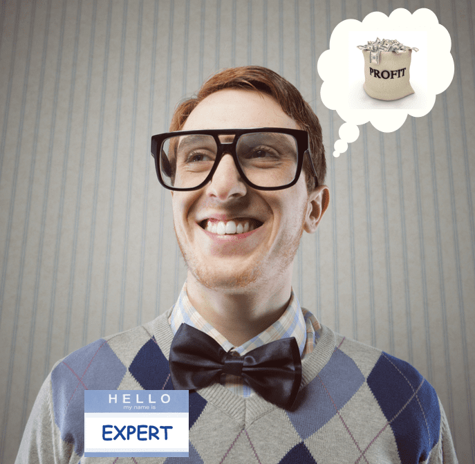 Fun photo of an EXPERT wearing a name tag that says the same. You can see he is thinking about how being a Resident Expert can help his business be profitable.