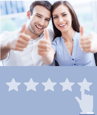 Photo of happy couple with their thumbs up over an image of 5 stars like you see in Customer Reviews. Find out what Review Service options you have and which is best for you