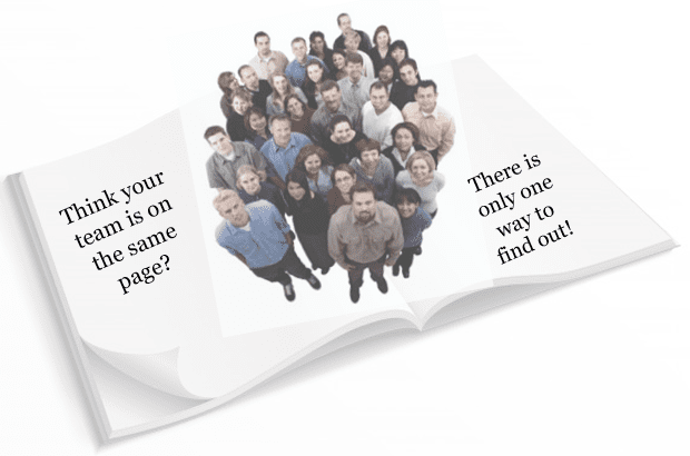 An open book showing a team taking up both pages of the book.  Is your team on the same page?