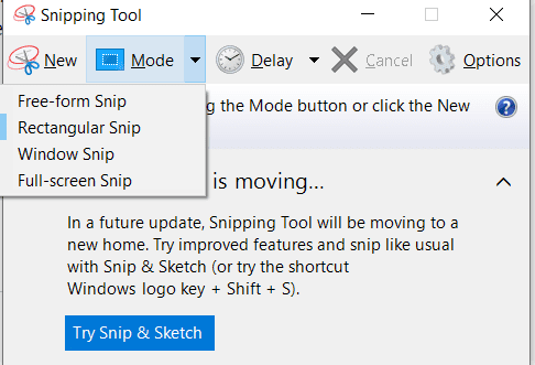 Options for using Snipping Tool